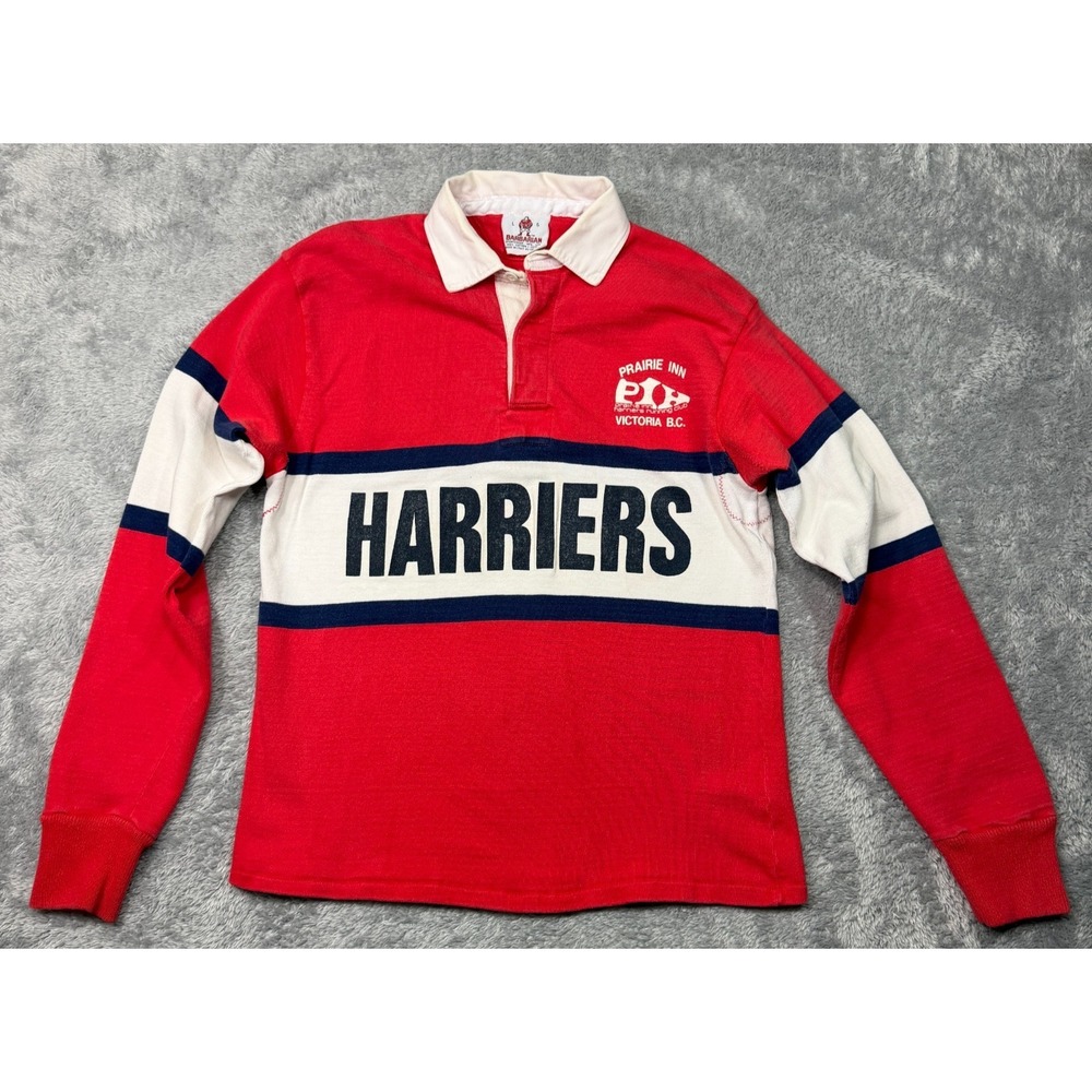 Vintage Barbarian Sportswear Rugby Polo Shirt L Red Harriers Running Club 90s